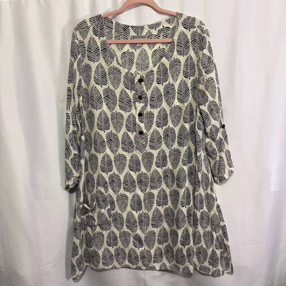 Niche Nilgun Derman Tunic Top XL Black White Leaf Print Lagenlook Artsy Pocket